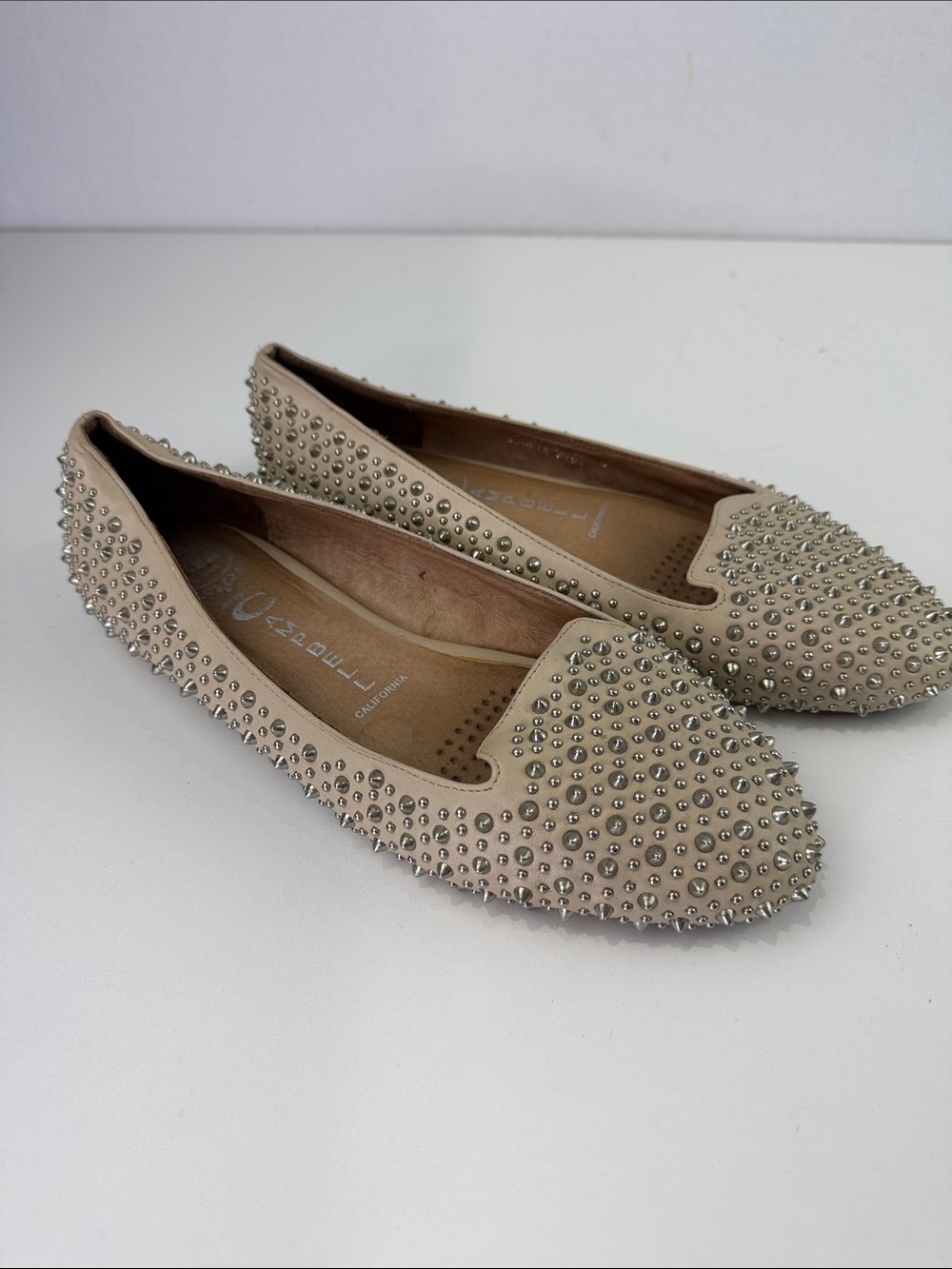 Beige Studded Pointed Toe Flats - Women